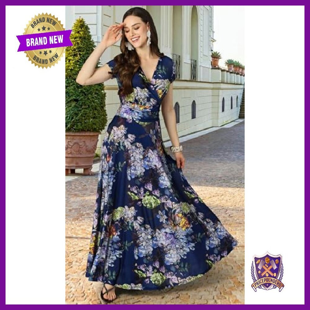 Floral Maxi Dress Cap Sleeve Flowy Summer Formal Gown - Picture 3 of 7